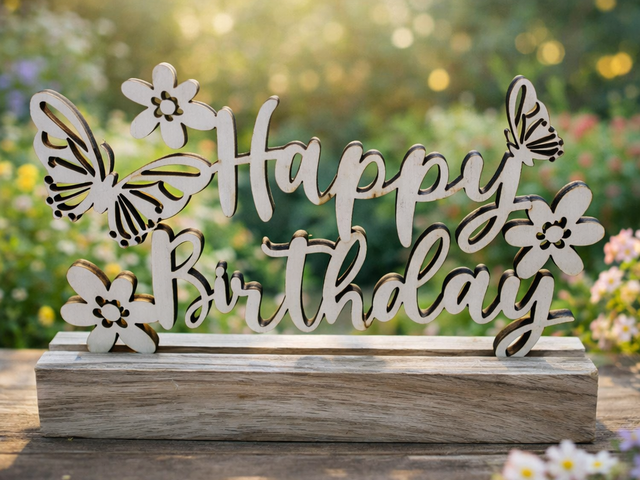 Happy Birthday Schriftzug aus Holz mit Blumen & Schmetterlingen – handgefertigte Geburtstagsdeko